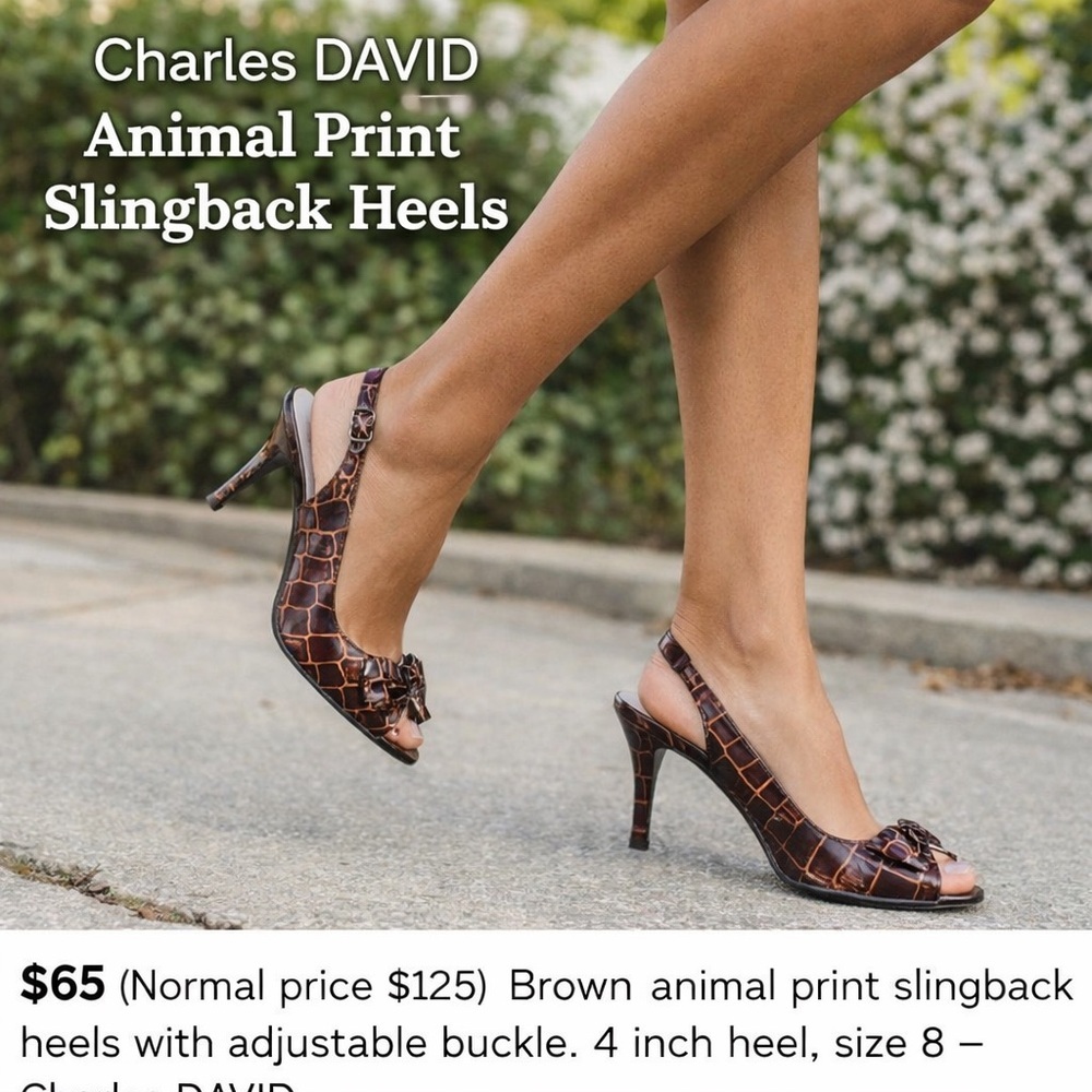 Charles David Brown Croc-Embossed Slingback Heels. Size 8 4” heel